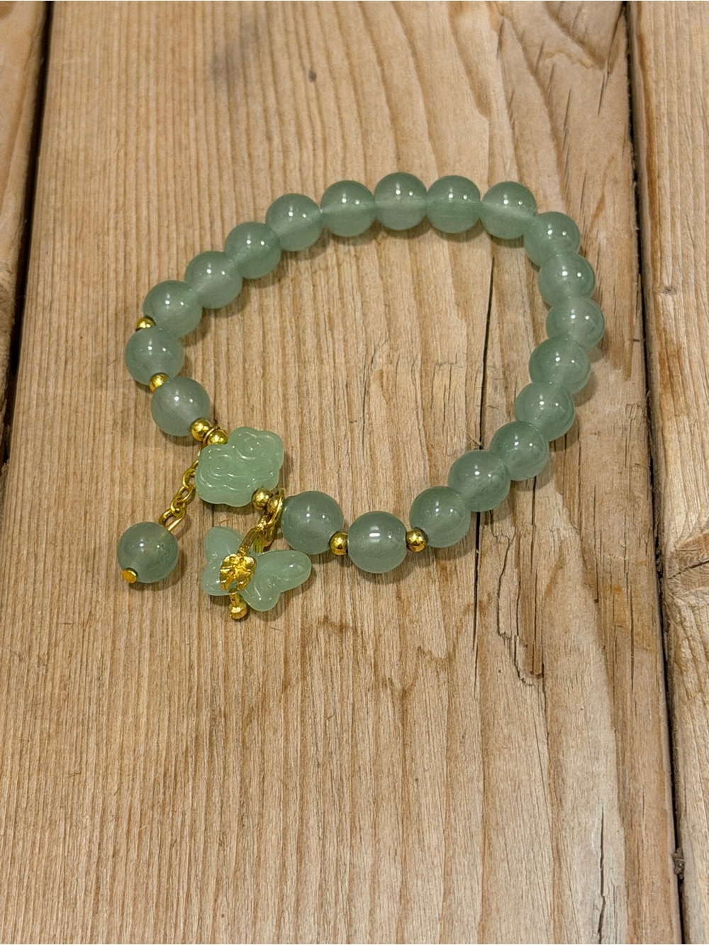 Green Beaded Charm Stretch Bracelet - Gold Accents
